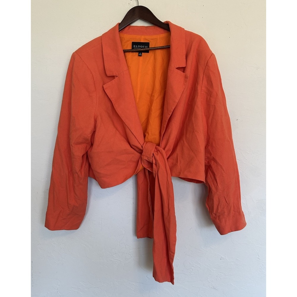 Eloquii Linen Blend Tie Front Orange Crop Blazer Jacket Plus 26 Colorful Slouchy